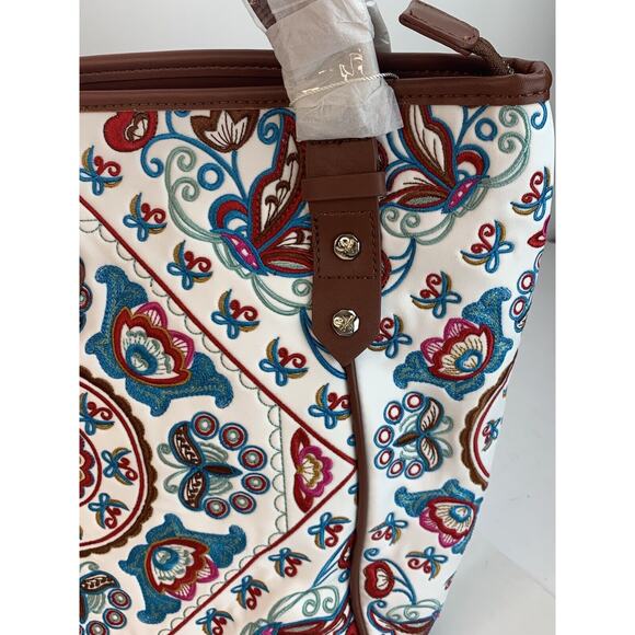 NEW Fricaine Brown Embroidered Tote Floral Leather Purse Handbag - Picture 7 of 11
